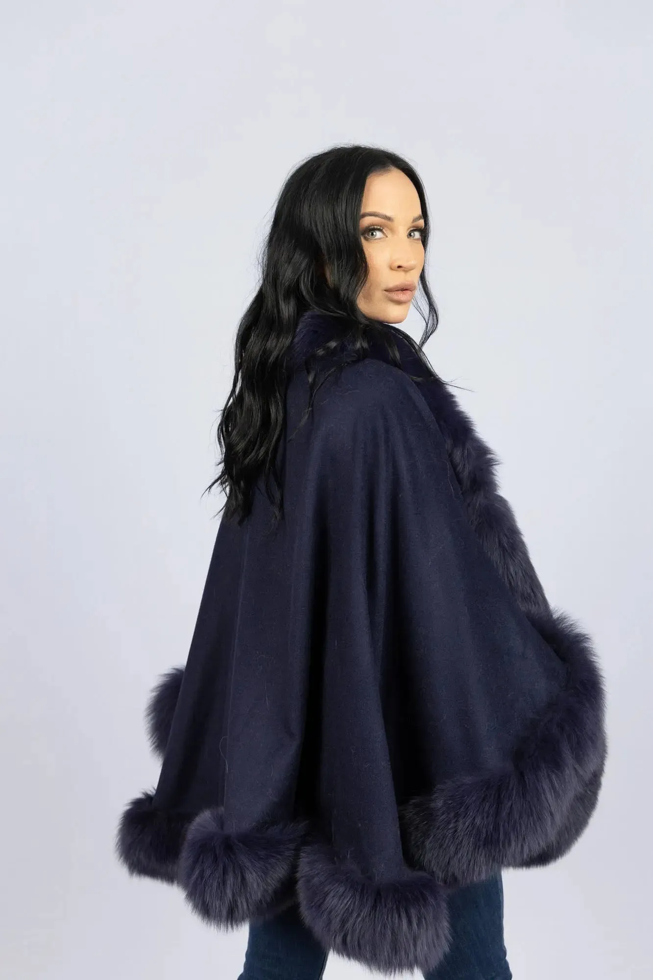 Navy 100% Cashmere Cape with Fox Trim