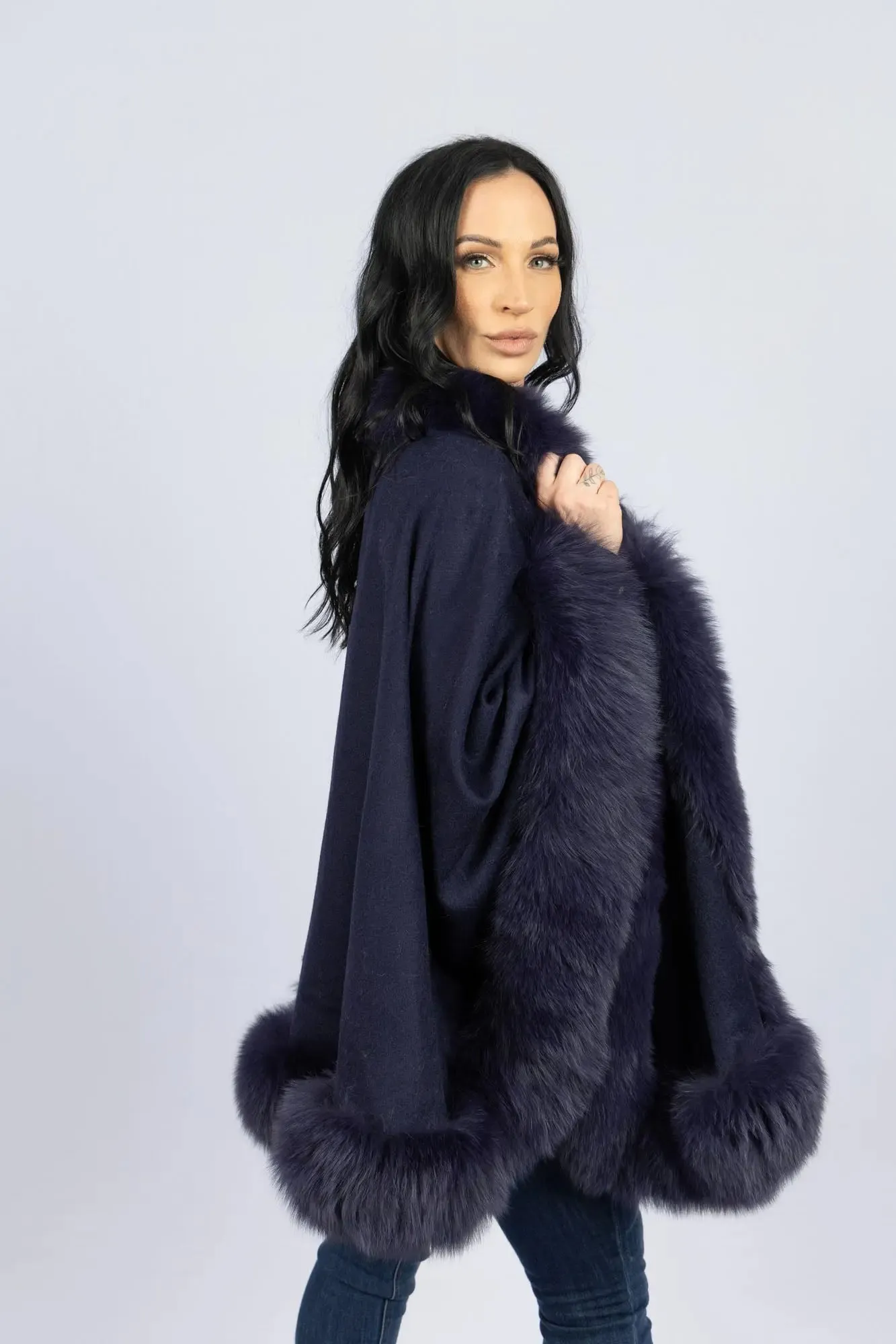 Navy 100% Cashmere Cape with Fox Trim