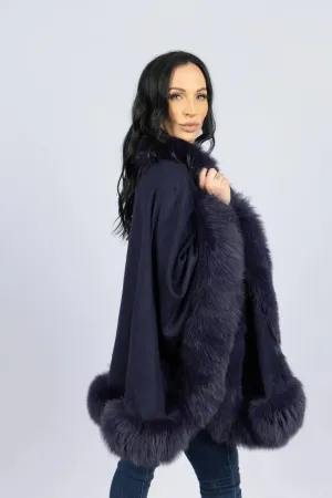 Navy 100% Cashmere Cape with Fox Trim