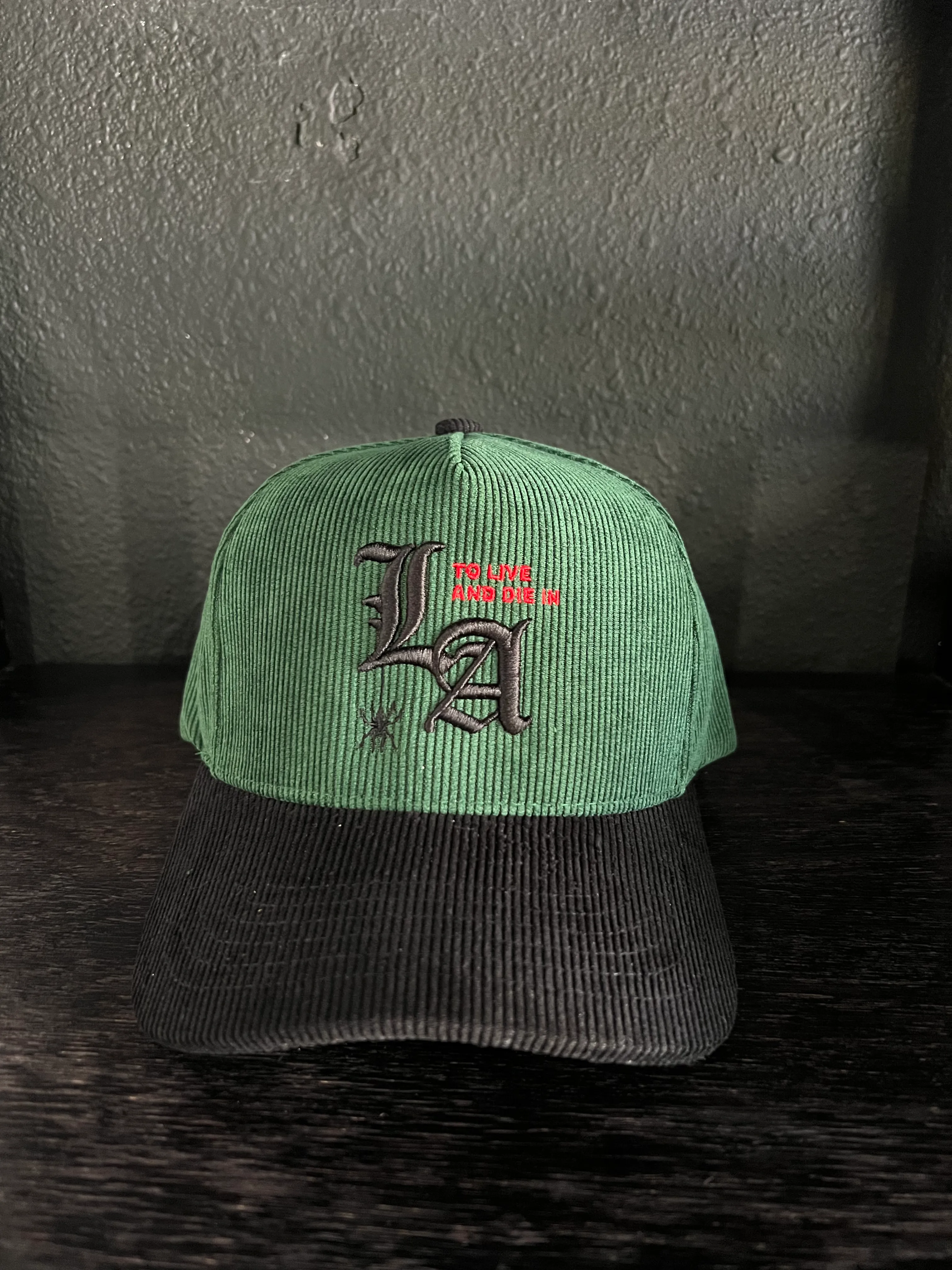 New "To Live and Die in LA"Corduroy Snap Back Cap in Green/Black