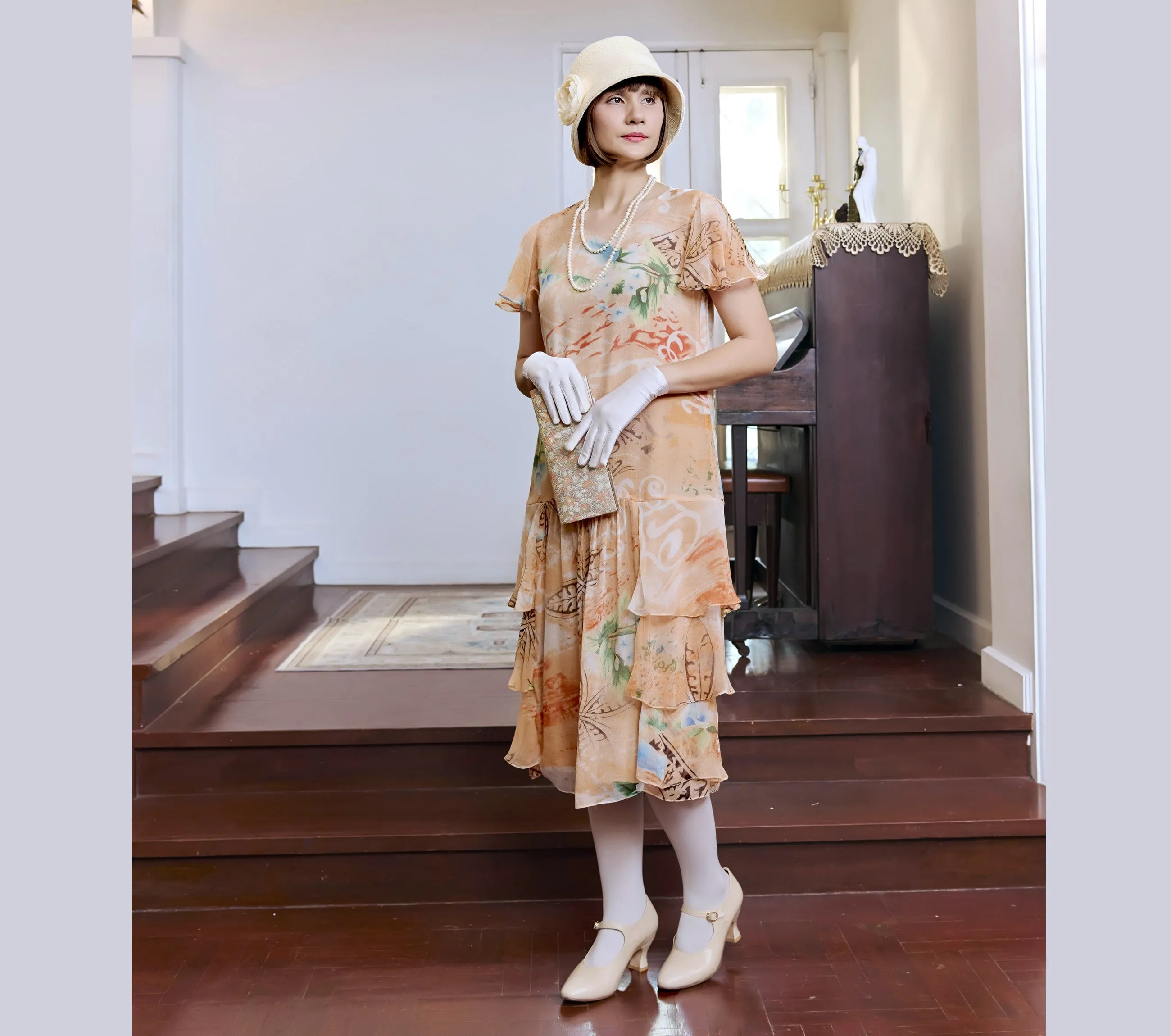 Orange floral print silk chiffon 1920s dress with tiered skirt