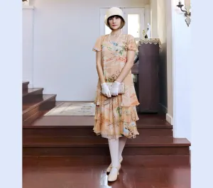 Orange floral print silk chiffon 1920s dress with tiered skirt