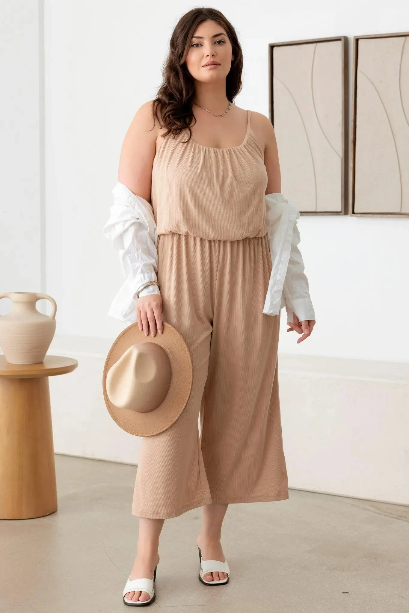 Plus Size Ribbed Cropped Spaghetti Strap Jumpsuit