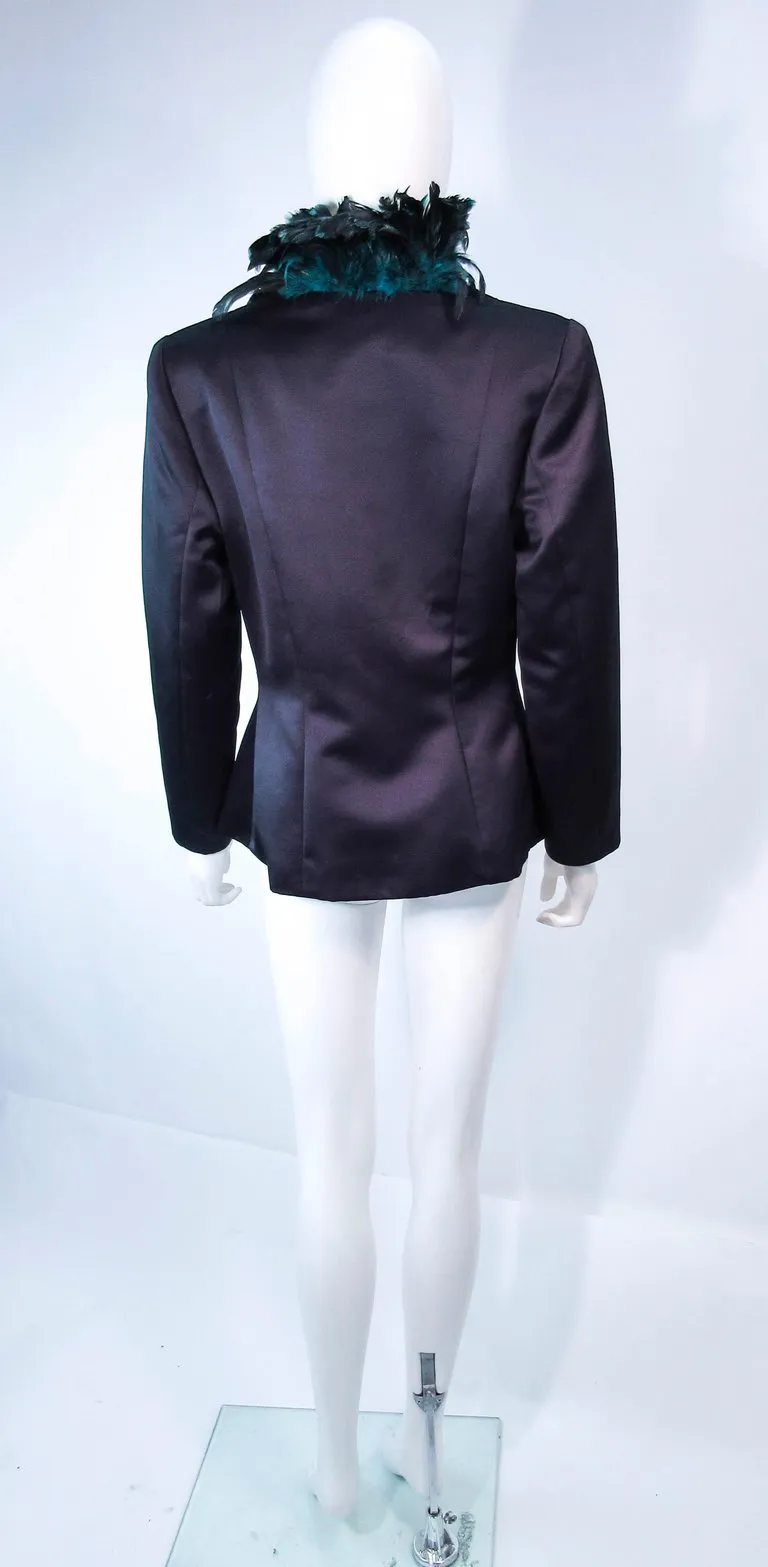 POL ATTEU Satin Evening Jacket with Iridescent Feather Collar Trim Size 12