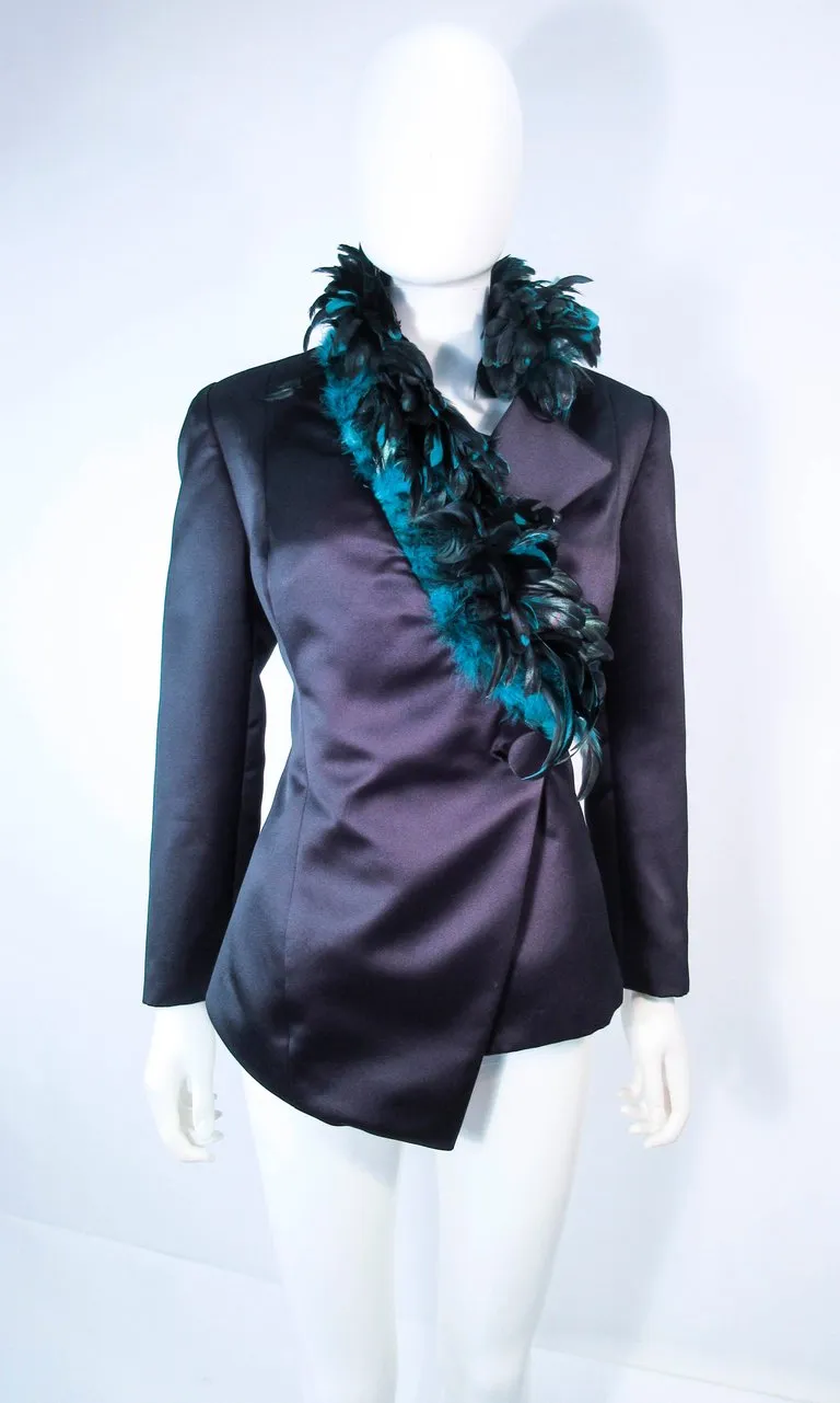 POL ATTEU Satin Evening Jacket with Iridescent Feather Collar Trim Size 12