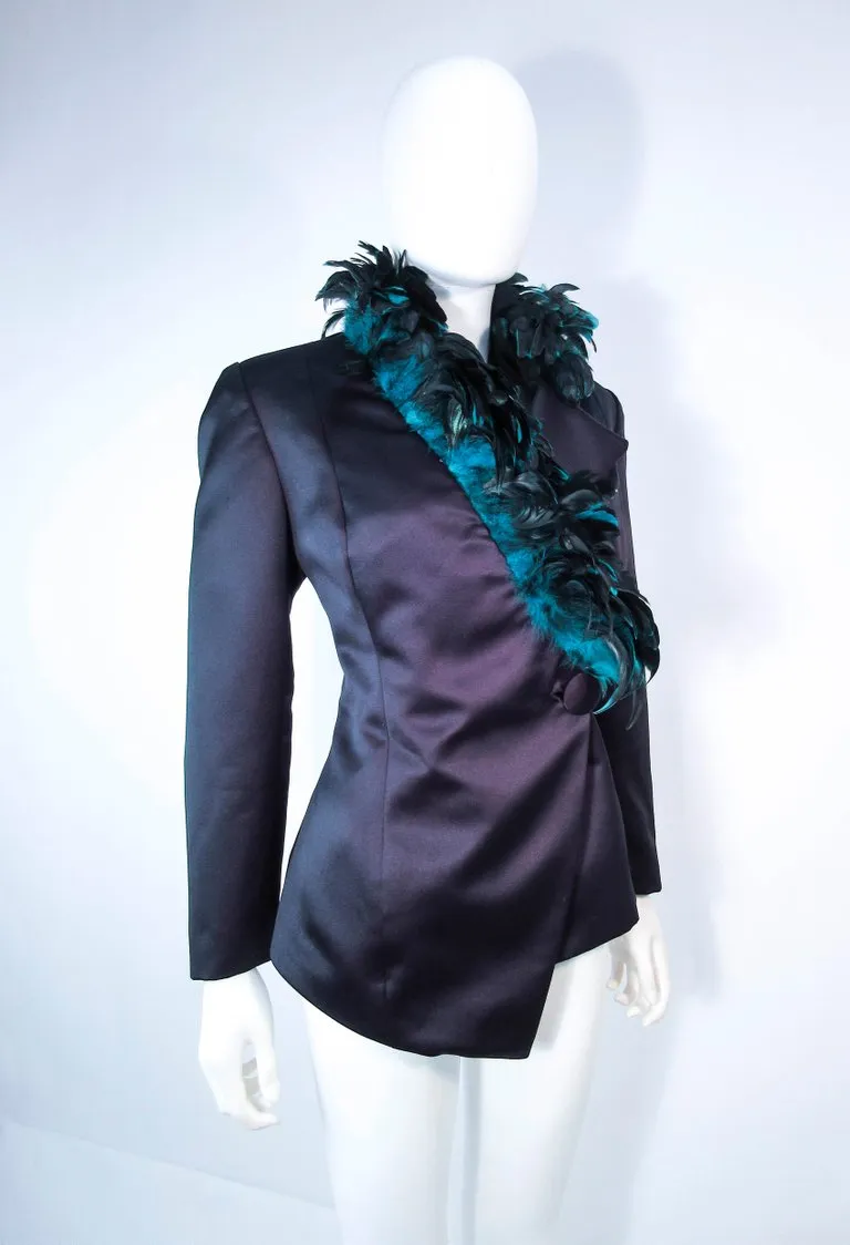 POL ATTEU Satin Evening Jacket with Iridescent Feather Collar Trim Size 12