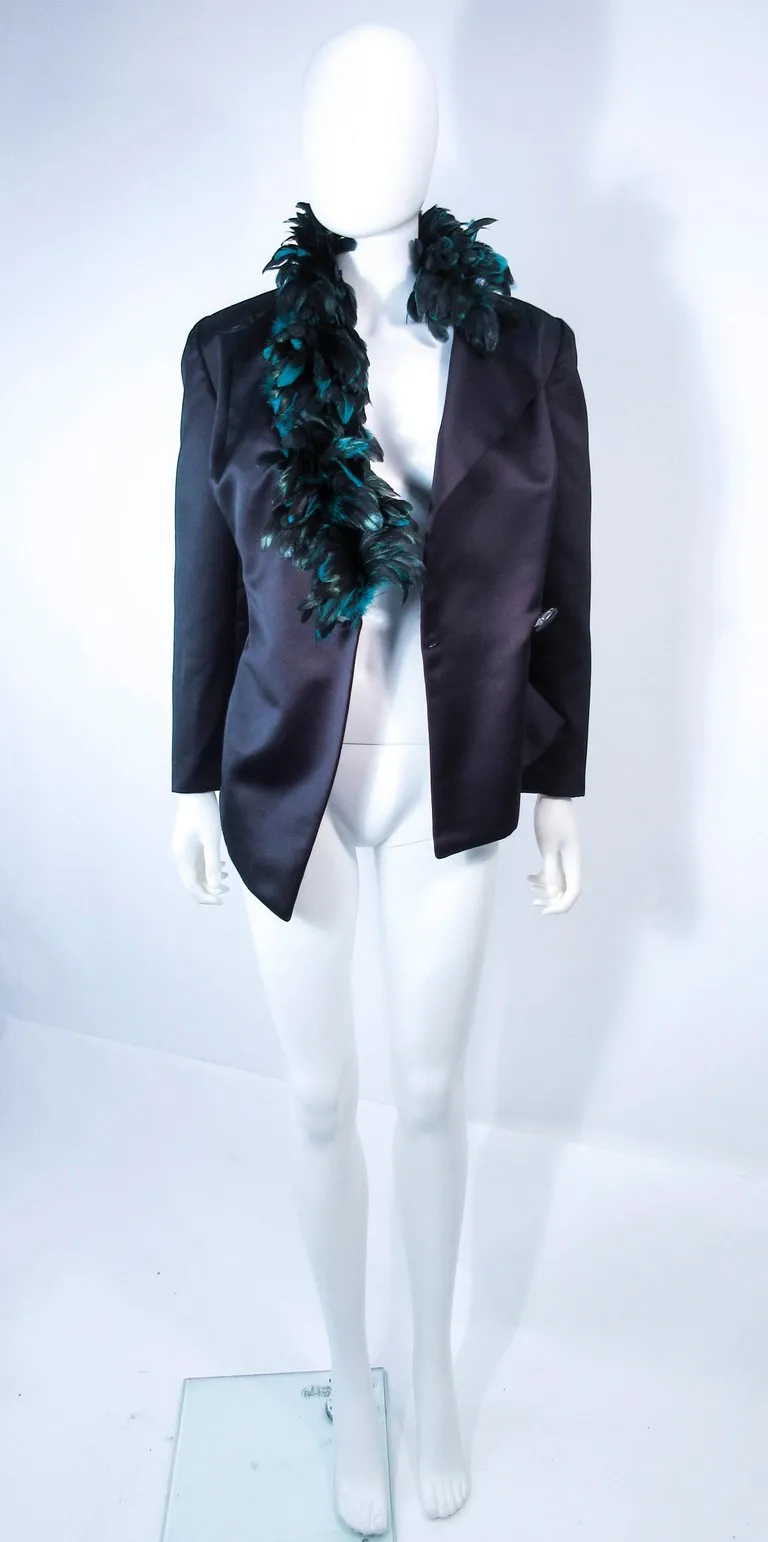POL ATTEU Satin Evening Jacket with Iridescent Feather Collar Trim Size 12