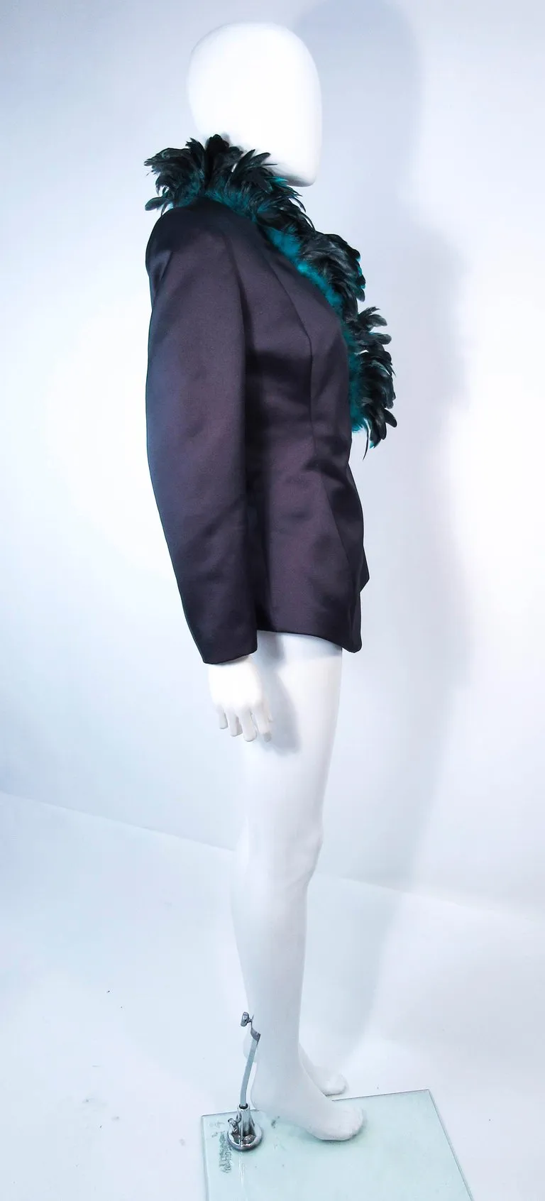 POL ATTEU Satin Evening Jacket with Iridescent Feather Collar Trim Size 12