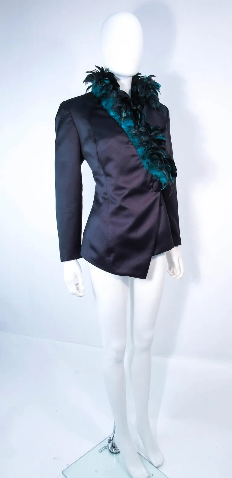 POL ATTEU Satin Evening Jacket with Iridescent Feather Collar Trim Size 12