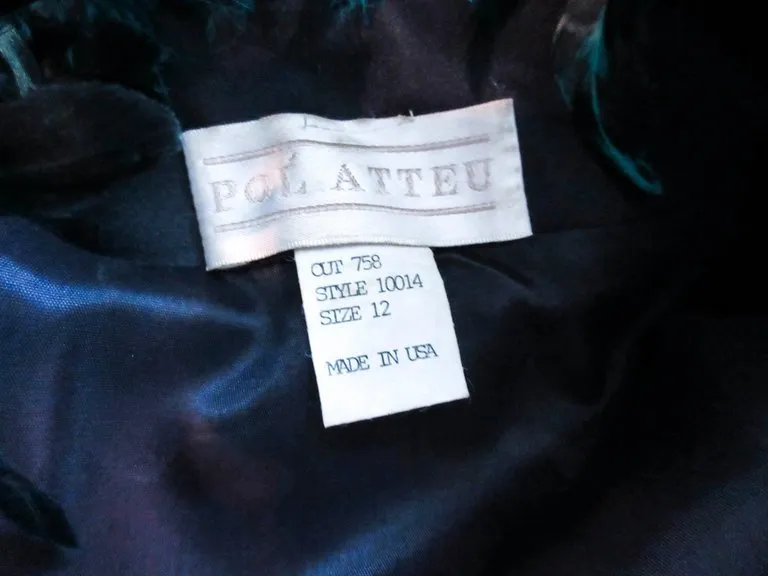 POL ATTEU Satin Evening Jacket with Iridescent Feather Collar Trim Size 12