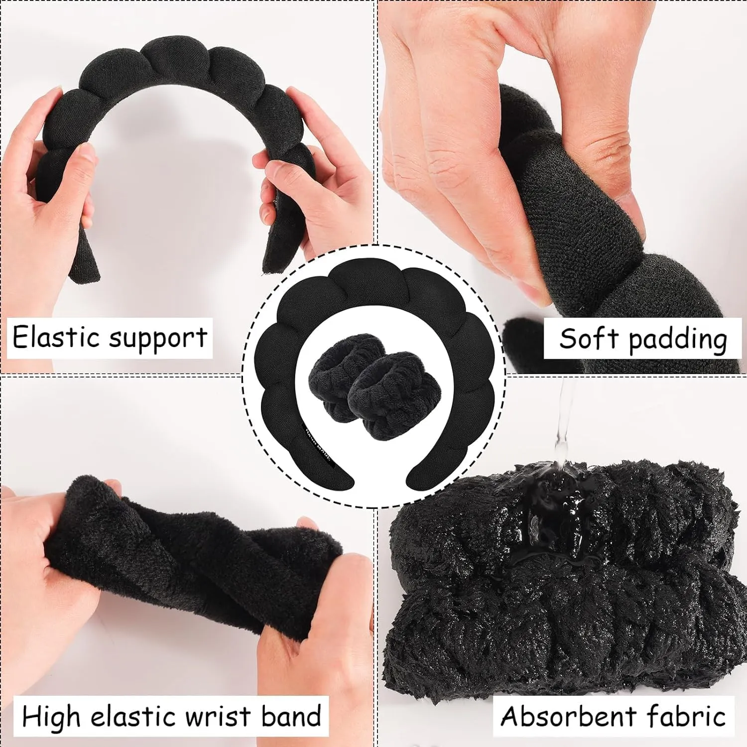 Premify Spa Sponge Headbands & 2 Wristbands Set for Women & Girls, Makeup Removal Headband & Terry Towel Cloth Fabric Hair Band for Washing Face, Skincare, (Black)