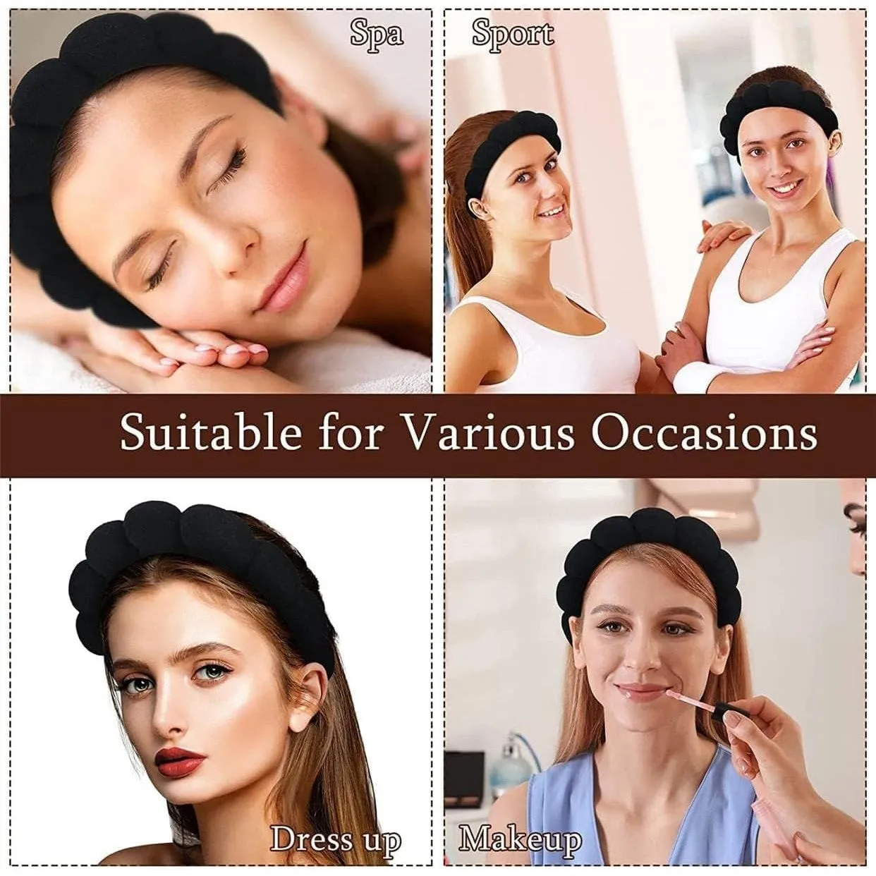 Premify Spa Sponge Headbands & 2 Wristbands Set for Women & Girls, Makeup Removal Headband & Terry Towel Cloth Fabric Hair Band for Washing Face, Skincare, (Black)
