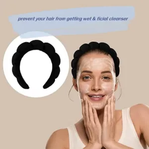 Premify Spa Sponge Headbands & 2 Wristbands Set for Women & Girls, Makeup Removal Headband & Terry Towel Cloth Fabric Hair Band for Washing Face, Skincare, (Black)