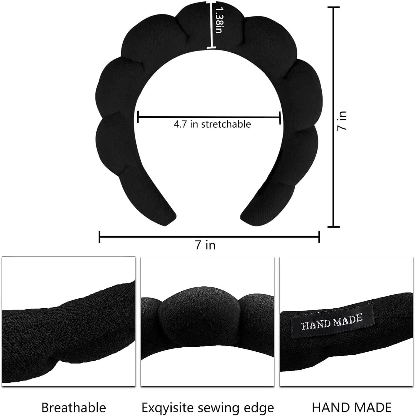 Premify Spa Sponge Headbands & 2 Wristbands Set for Women & Girls, Makeup Removal Headband & Terry Towel Cloth Fabric Hair Band for Washing Face, Skincare, (Black)