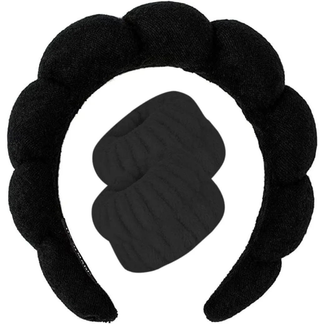 Premify Spa Sponge Headbands & 2 Wristbands Set for Women & Girls, Makeup Removal Headband & Terry Towel Cloth Fabric Hair Band for Washing Face, Skincare, (Black)