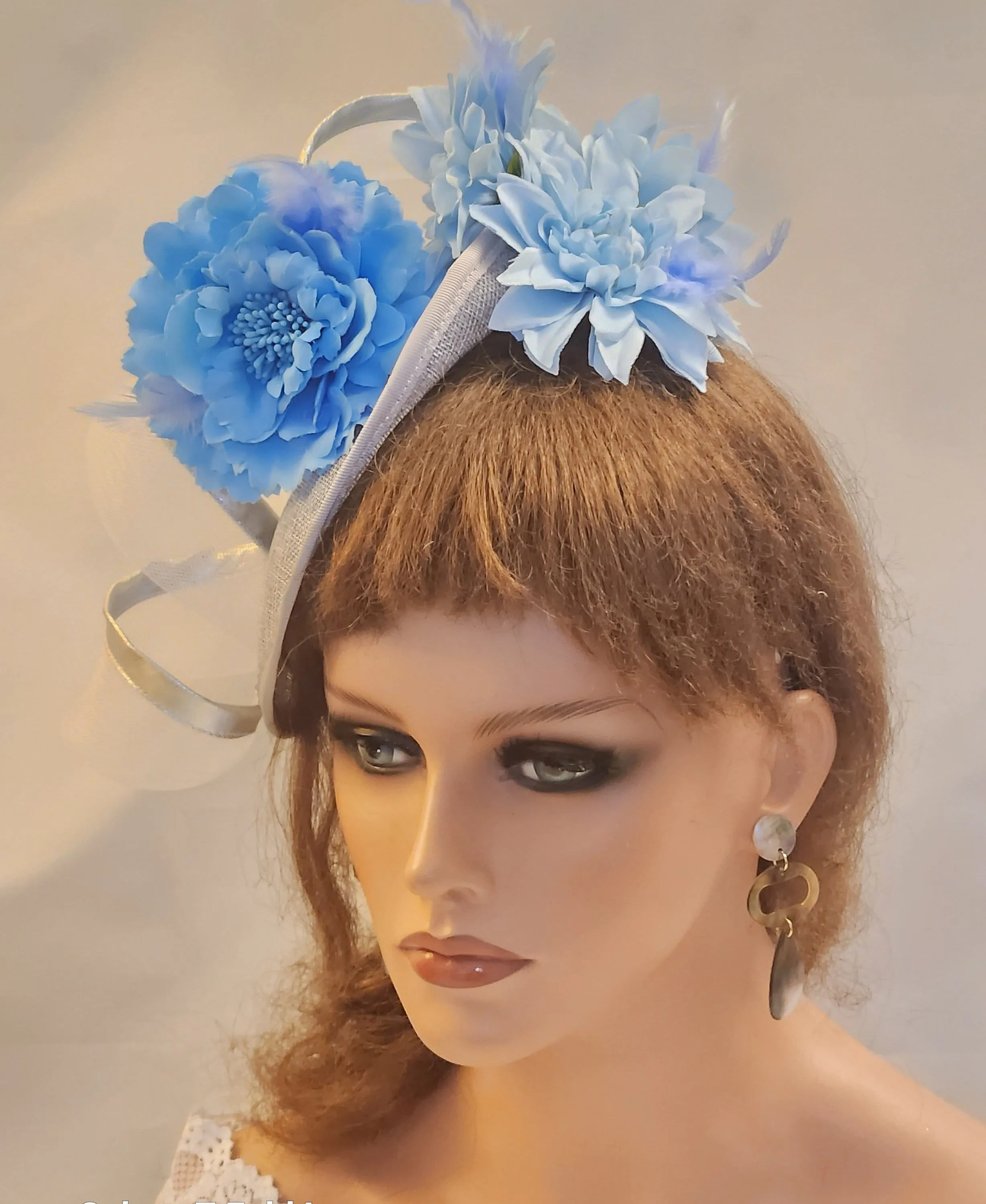 SILVER Grey and Blue Fascinator Hat . Blue Flowers & Swril Church Derby Ascot Wedding Hesdwear TeaParty hat Mother of Bride/Groom Hatinator