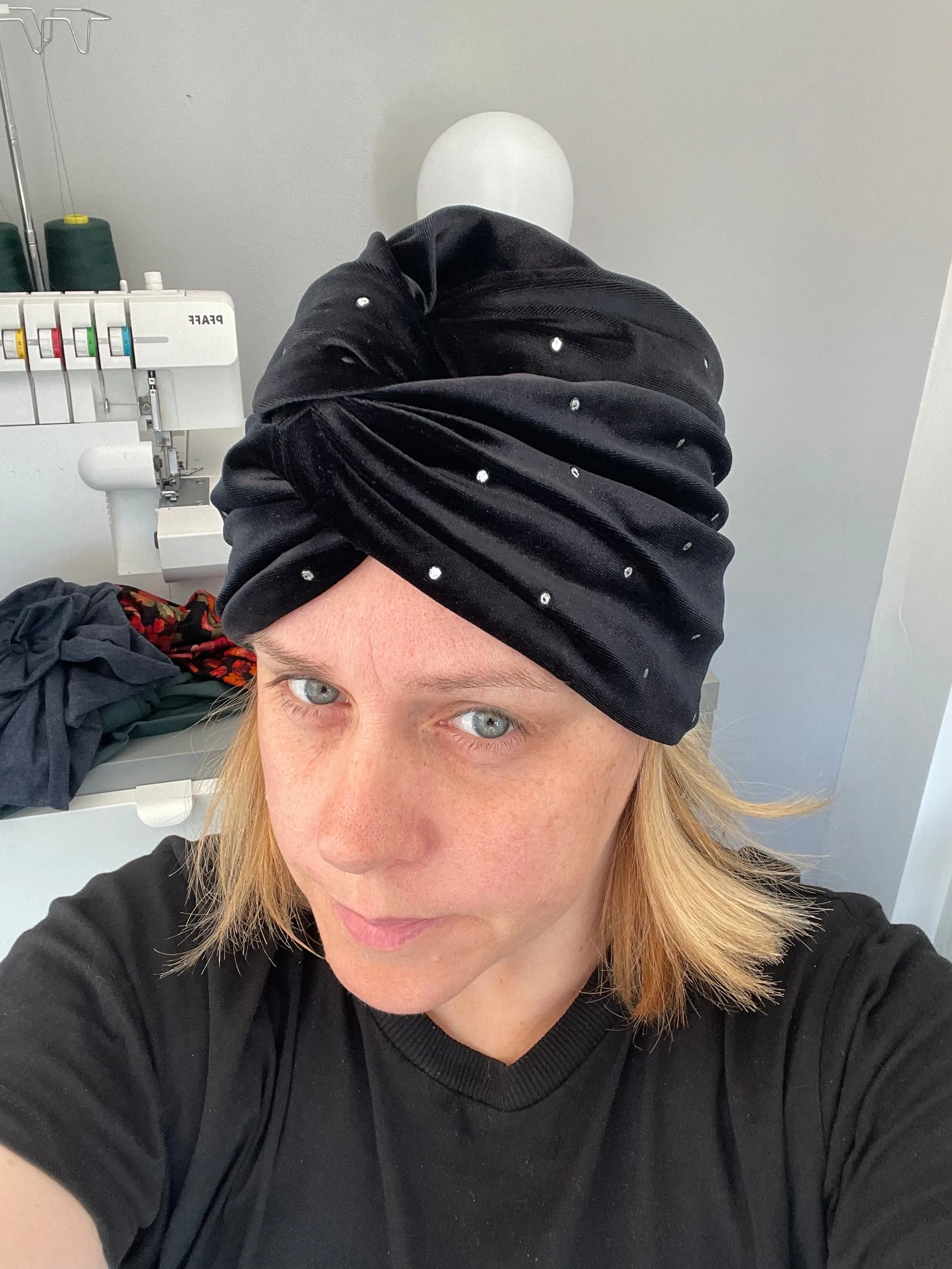 Silver Studded Black Velvet Twisted Turban Hat