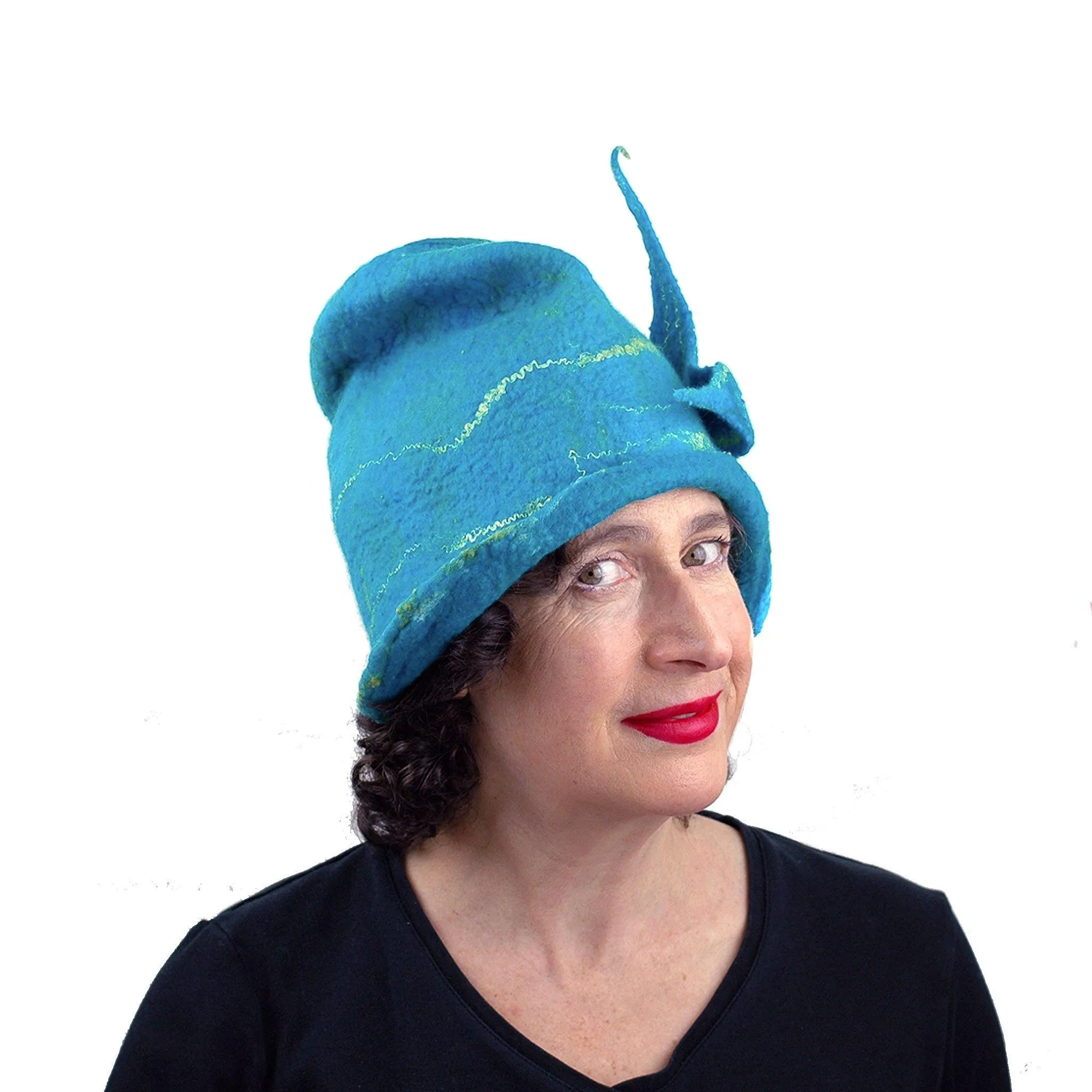 Turquoise Blue Felted Cloche with Mermaid Tail