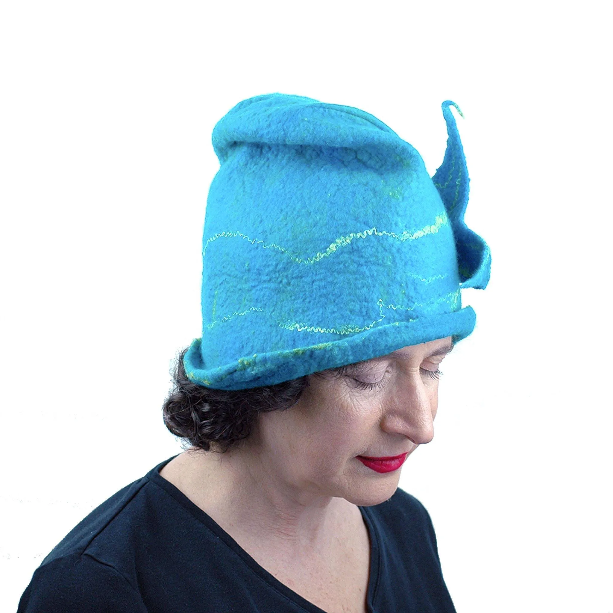 Turquoise Blue Felted Cloche with Mermaid Tail