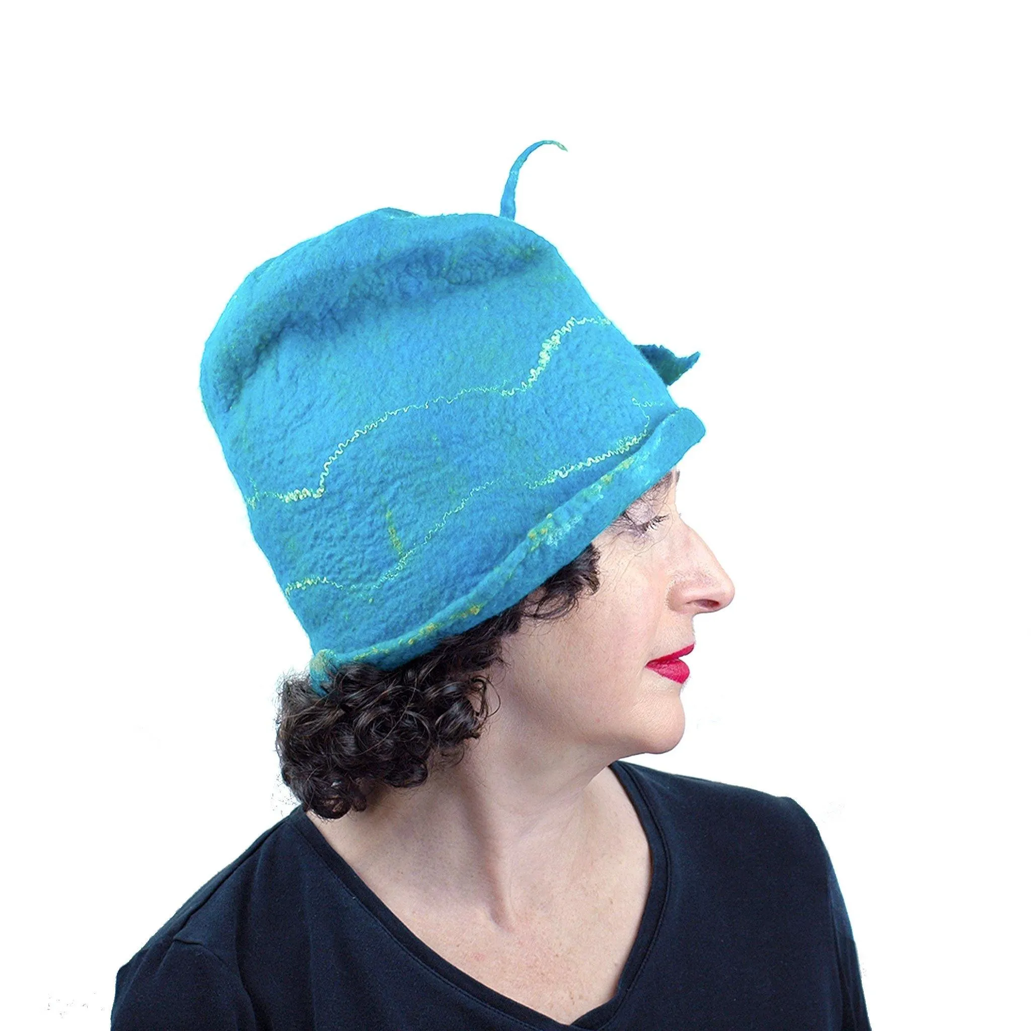 Turquoise Blue Felted Cloche with Mermaid Tail