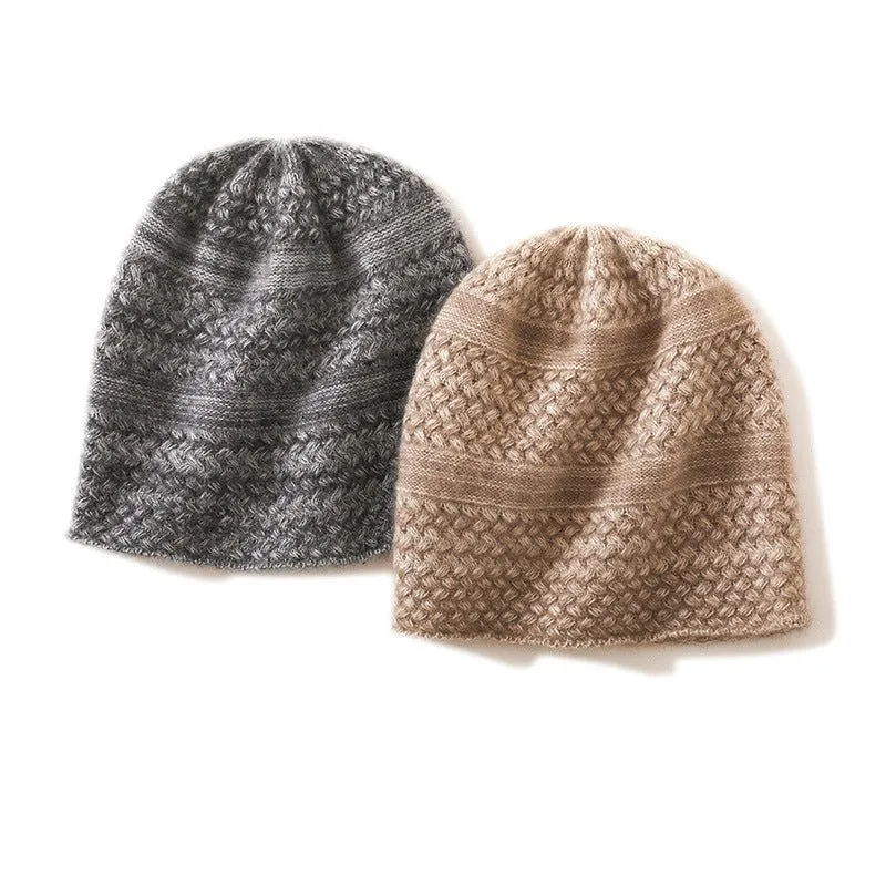 Unisex Cashmere Knitted Beanie Hat With Textured Pattern Handcrafted