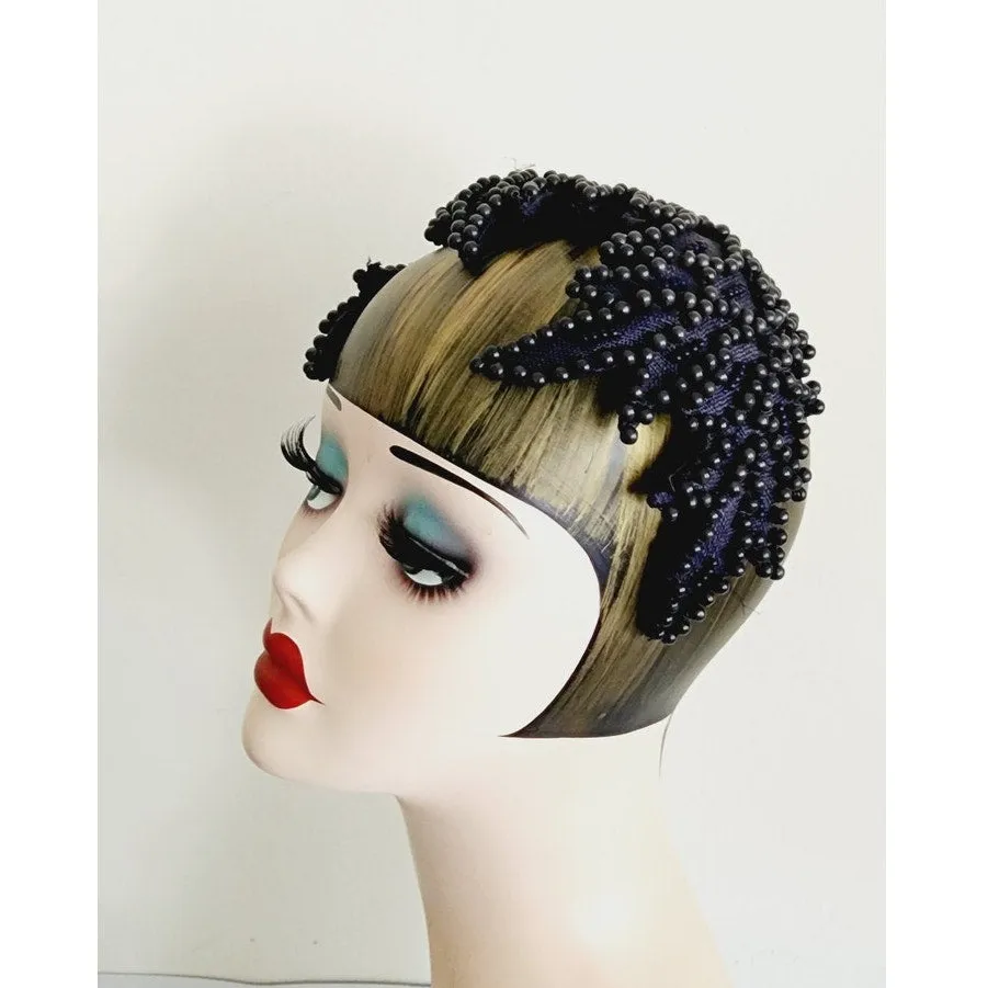 Vintage 50s Eggshell Style Hat Navy Blue Beaded Fascinator  Jeanette Gaffin