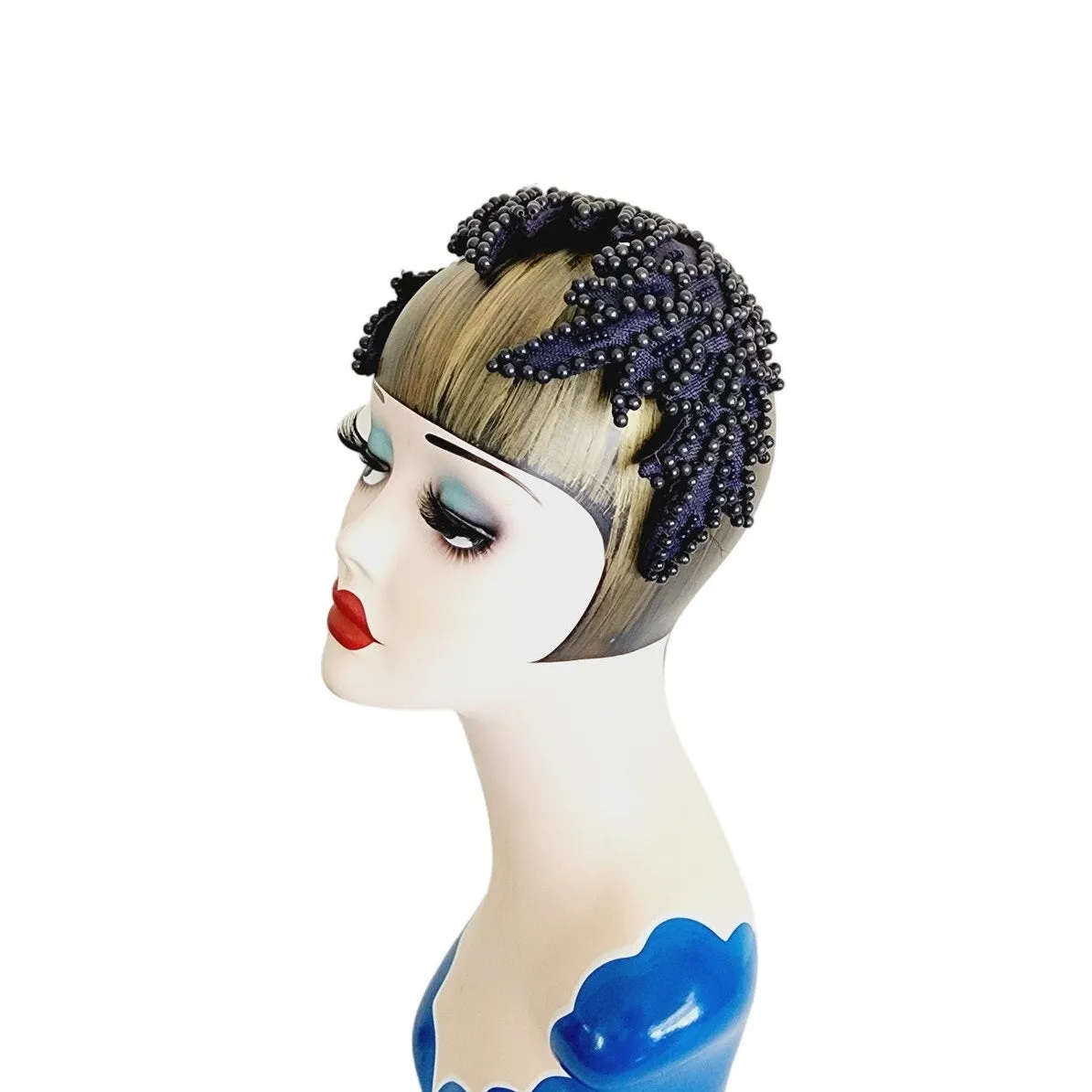 Vintage 50s Eggshell Style Hat Navy Blue Beaded Fascinator  Jeanette Gaffin