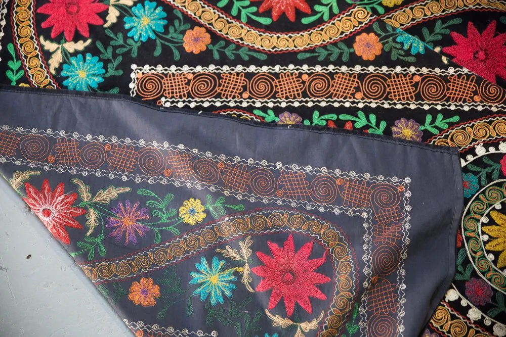 Vintage velvet Suzani throw in deep black