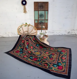 Vintage velvet Suzani throw in deep black