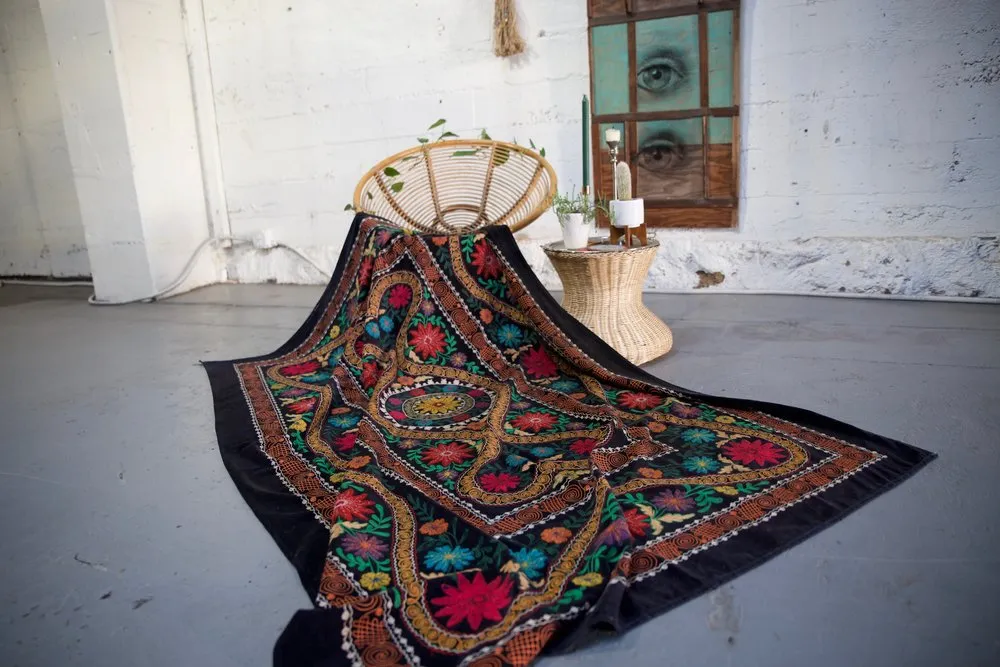 Vintage velvet Suzani throw in deep black