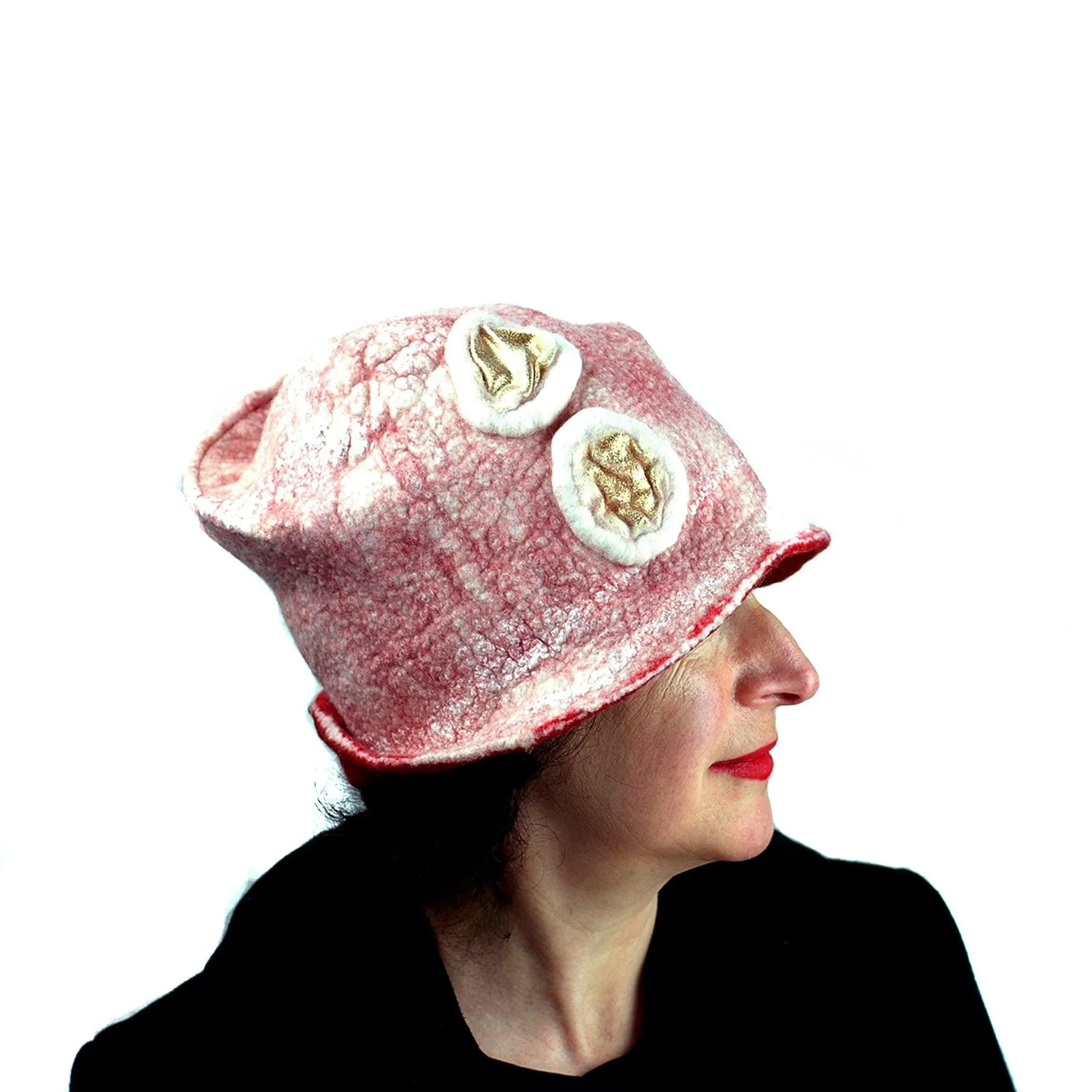 White and Red Fedora with Gold Circles