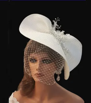 White Wedding fascinator Hat #White Birdcage Veil Bridal Headpiece. Modern Weddding Headdress. Derby Royal Ascot hat Church Mother of Bride hat - ELEGANCEFASCINATOR