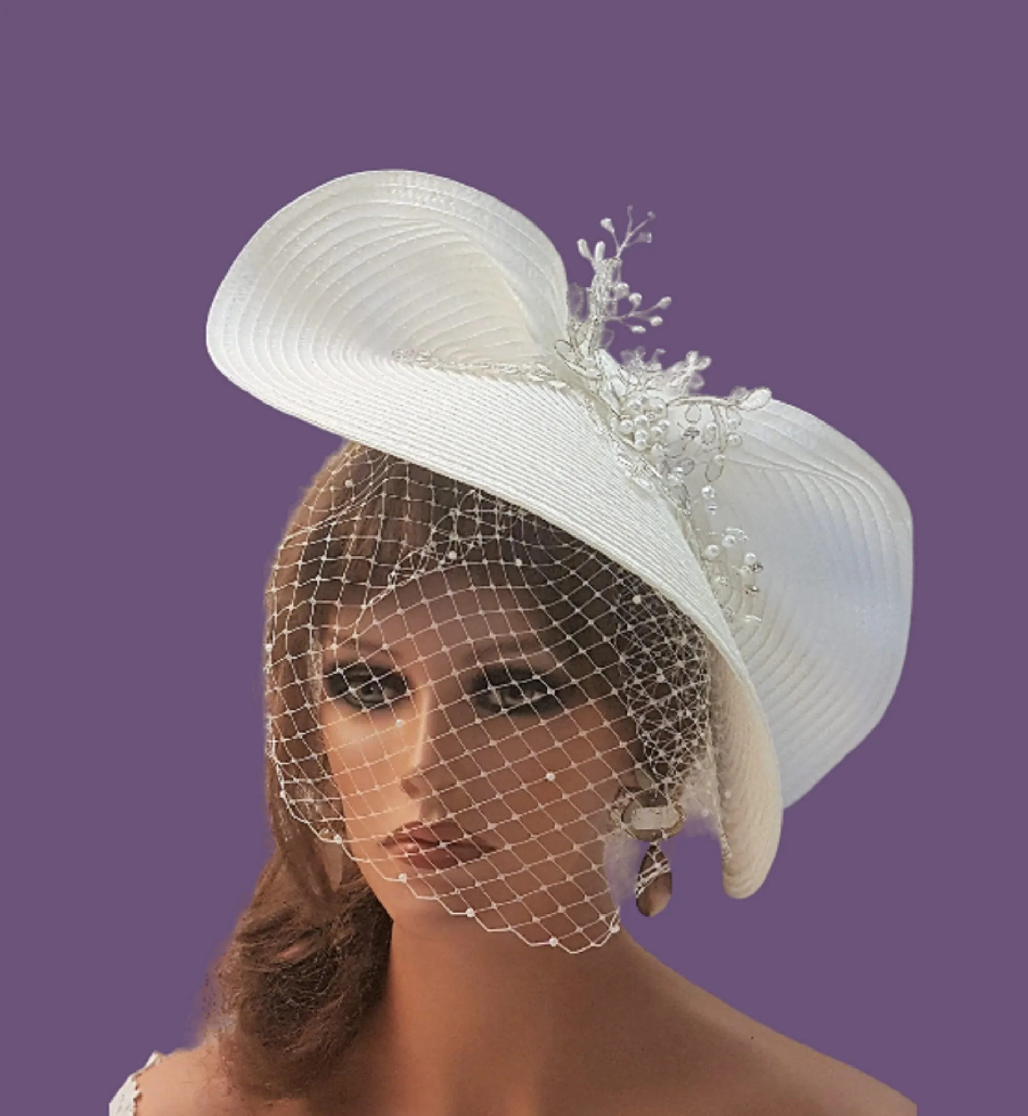 White Wedding fascinator Hat #White Birdcage Veil Bridal Headpiece. Modern Weddding Headdress. Derby Royal Ascot hat Church Mother of Bride hat - ELEGANCEFASCINATOR