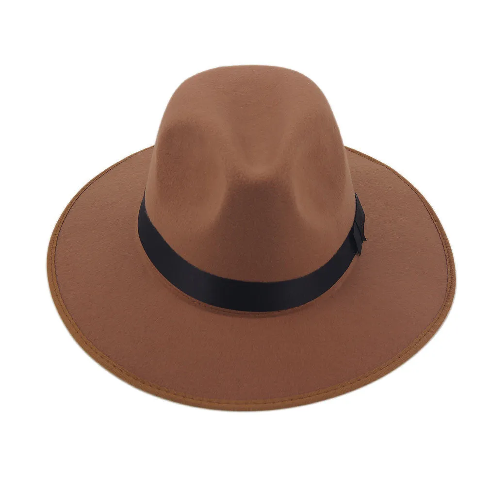 Women Men Jazz Hard Felt Bowknot Fedora Panama Bowler Wide Brim Hat Gangster Cap
