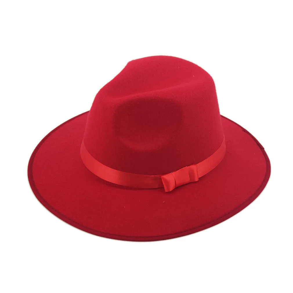Women Men Jazz Hard Felt Bowknot Fedora Panama Bowler Wide Brim Hat Gangster Cap