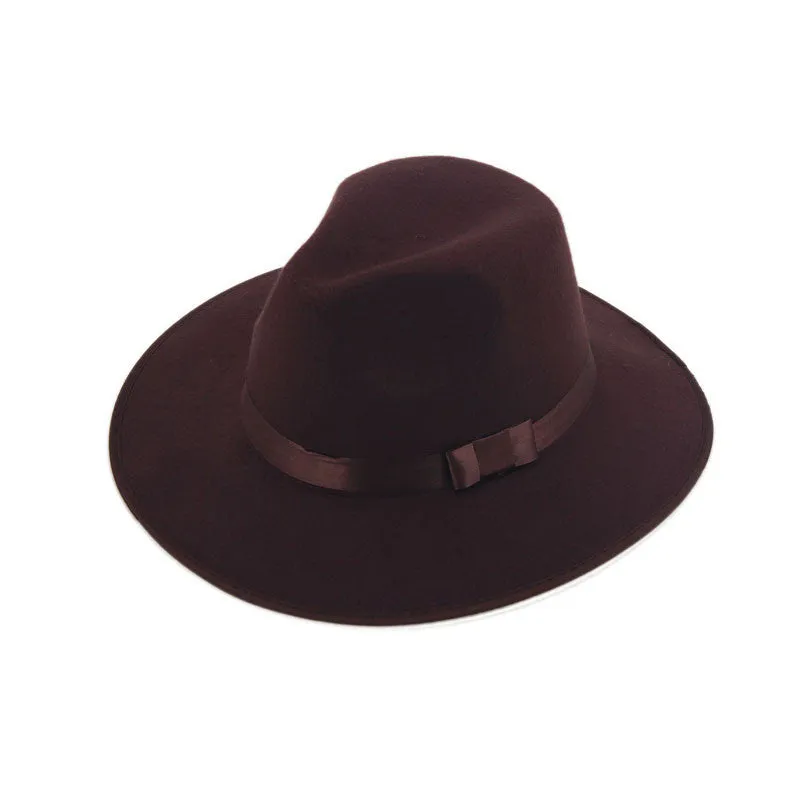 Women Men Jazz Hard Felt Bowknot Fedora Panama Bowler Wide Brim Hat Gangster Cap