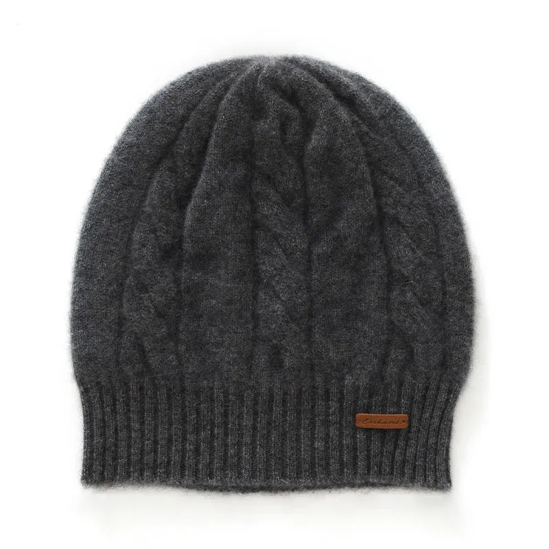 Womens Cashmere Cable Knit Beanie Hat Ribbed Cuff Cashmere Chunky Hat