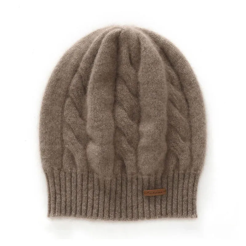 Womens Cashmere Cable Knit Beanie Hat Ribbed Cuff Cashmere Chunky Hat