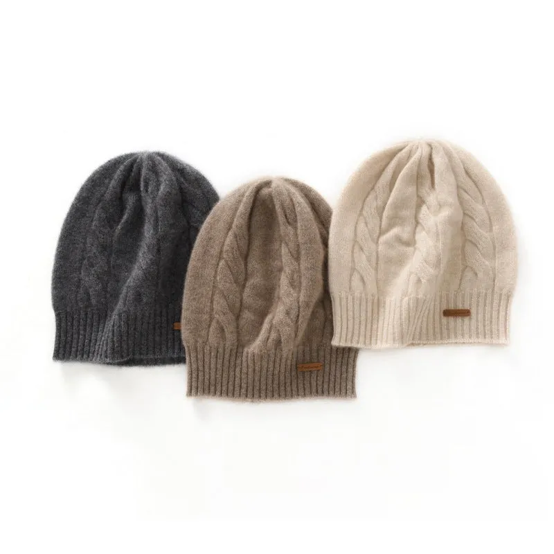 Womens Cashmere Cable Knit Beanie Hat Ribbed Cuff Cashmere Chunky Hat