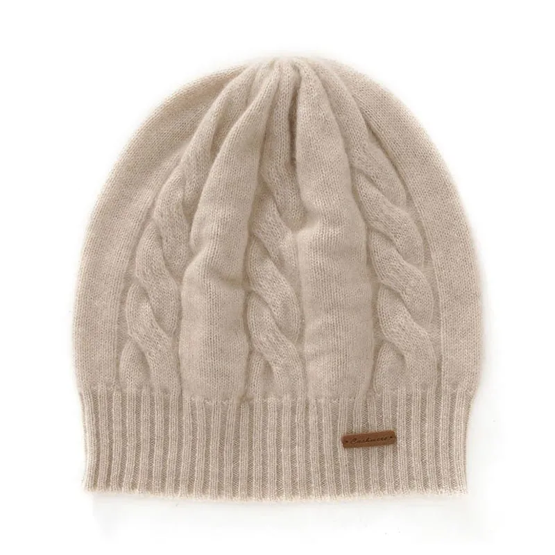 Womens Cashmere Cable Knit Beanie Hat Ribbed Cuff Cashmere Chunky Hat