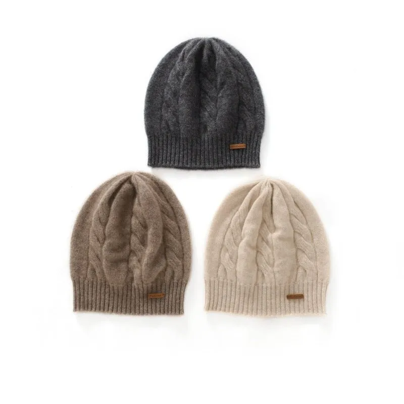 Womens Cashmere Cable Knit Beanie Hat Ribbed Cuff Cashmere Chunky Hat