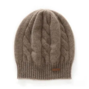 Womens Cashmere Cable Knit Beanie Hat Ribbed Cuff Cashmere Chunky Hat