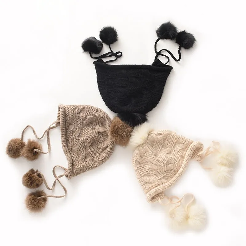 Womens Cashmere Pom-pom Earflap Hat With Cable Knit Cashmere Beanie