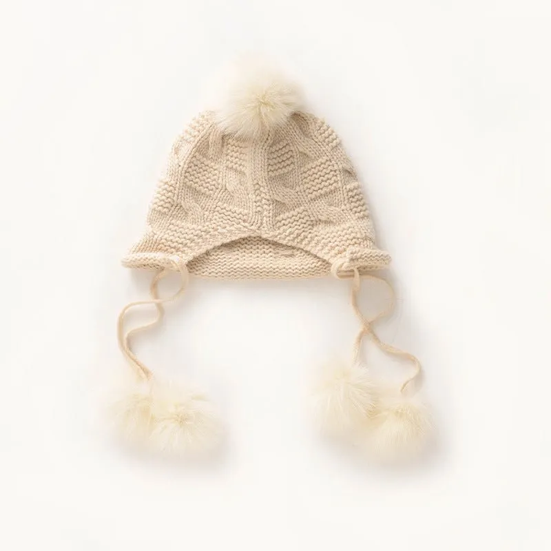 Womens Cashmere Pom-pom Earflap Hat With Cable Knit Cashmere Beanie