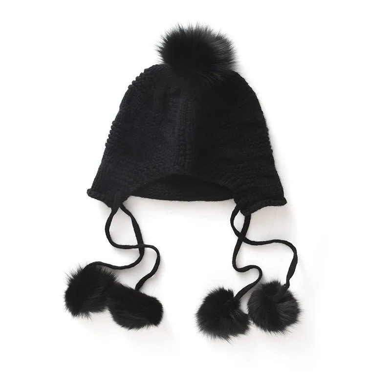 Womens Cashmere Pom-pom Earflap Hat With Cable Knit Cashmere Beanie