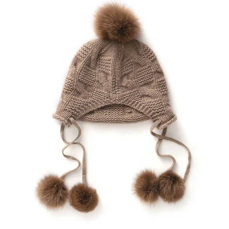 Womens Cashmere Pom-pom Earflap Hat With Cable Knit Cashmere Beanie