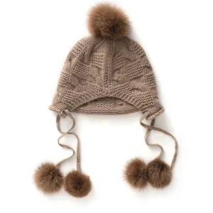 Womens Cashmere Pom-pom Earflap Hat With Cable Knit Cashmere Beanie