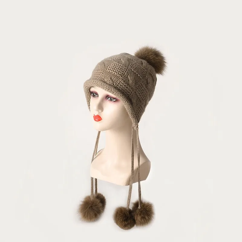 Womens Cashmere Pom-pom Earflap Hat With Cable Knit Cashmere Beanie