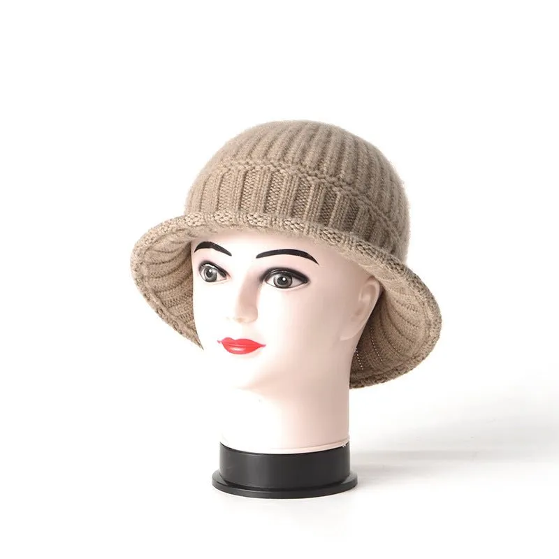 Womens Cashmere Ribbed Knit Cloche Hat Cashmere Bucket Hat Sun Hat