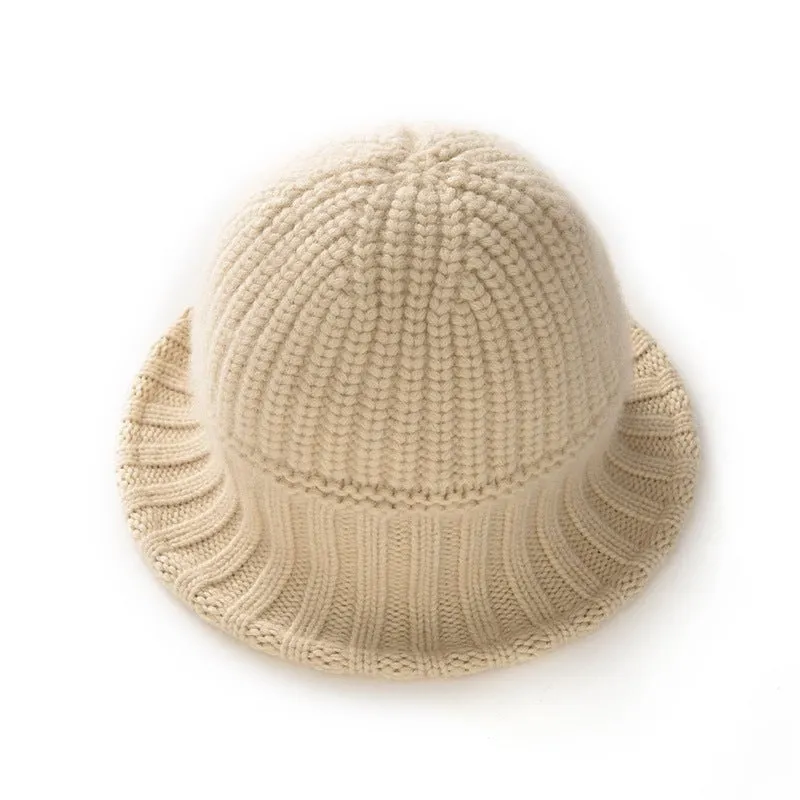 Womens Cashmere Ribbed Knit Cloche Hat Cashmere Bucket Hat Sun Hat
